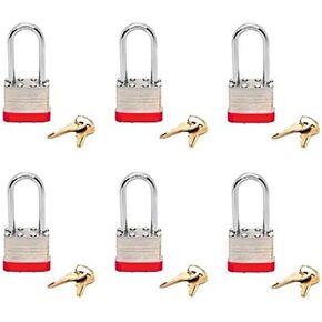 (TM) Padlock Box of 6!!! Long Shackle (1 7/8") Laminated Steel Keyed Alike (A389) Padlocks. Multipack Padlock