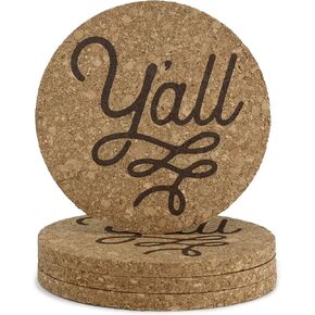 Y'all Texas Coaster Set Cork 3.5 Inch Coasters - 4 Texas Coasters Texas Gift