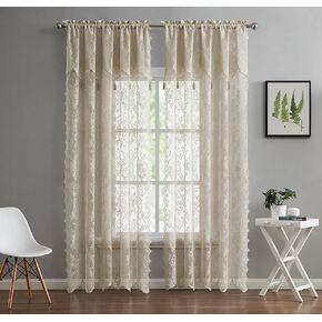 LINENZONE Extra Wide Lace Patio Door Curtain with Attached Valance and Classic Tassels. Elegant Sliding Door Curtains for Dining Room, Kitchen, Balcony or Family Room. (Luna 102 x 84, White)