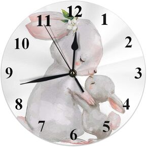 Moslion Rabbit Clock Cute Animal Hare Mom with Little Bunny with Flower Leaves Round Wall Clock Silent Non Ticking Rustic Home Decor 10 Inch for Kitchen Bathroom Office Grey