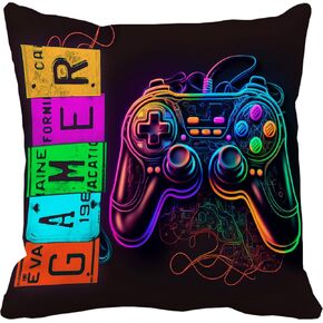 Leaveland Neon Video Game Controller 18x18 Inch Throw Pillow Cover Luminous Gaming Decorative Soft Square Cushion Case Playroom Teen Boy Son Gamer Party Decor Christmas Day Gift Accent Pillowcase Sham