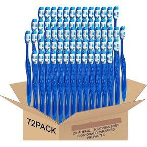 Pre pasted Disposable Toothbrushes Individually Wrapped | Regular Size Head, Soft Bristle Hygienic & Economical | Great for Travel Camping Guestroom Car Office School Hotel Airbnb Gifts (72 Pack)