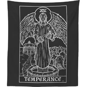 The Ghoulish Garb Temperance Tarot Card Tapestry (Black & White) - Crying Angel Statue - Gothic Halloween Home Decor Wall Hanging (60" x 50")