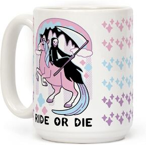 LookHUMAN Ride or Die - كوب قهوة من السيراميك سعة 15 أونصة من Grim Reaper وUnicorn White