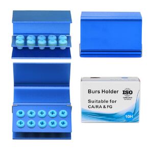 3Pcs 10 Holes Dental Burs Holder Block Storage Case with Sillicon Cover Aluminum Autoclavable Box (Blue)