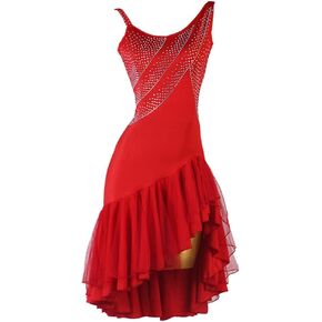 Red Off-The-shoulder Diamond-studded Latin Dance Dress Women's Competition Performance Mesh Skirt