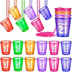 12 Pack Birthday Shot Glass Necklace Finally 21st Shot Glass on Beaded Necklace Number 21 Legal Plastic Shot Glasses Necklace for Party Supplies decorations, 6 Colors (Finally 21)