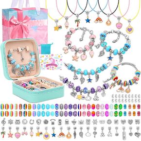 Charm Bracelet Making Kit for Girls, 140 PCS DIY Craft Bead Sets Jewelry Making Kit for Teen Girls Age 5 6 7 8-12, Portable Bracelet Organizer Gift Box for Teenage Birthday Christmas Stocking Gift