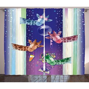 Ambesonne Animal Curtains, Giraffes in a Disco Party Cool Gang with Glasses Music DJ Drinks and Stars Art, Living Room Bedroom Window Drapes 2 Panel Set, 108" X 63", Pale Lavender