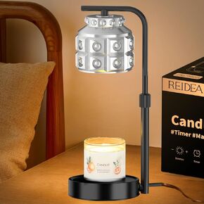 REIDEA Candle Warmer Lamp with Timer & Dimmer, Adjustable Height for for Large 3 Wicks Jar Scented Candles (Up to D-4 / H-5.5 inches), Safe and efficient, Gray Glass Shade, Obsidian Black