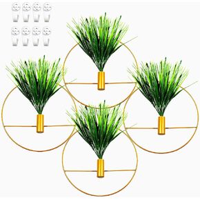 4 Packs Artificial Plants Wall Decoration with Gold Metal Round Hanging Hoop, Metal Hoop Wall-Mounted Green Artificial Plants Decoration for Bedroom Living Room Office