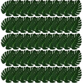 50pcs Artificial Palm Leaves, 7 Inch Green Faux Monstera Leaves Tropical Faux Leaves for Table Decorations Hawaiian Luau Jungle Party Safari Birthday