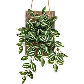 Artificial Plants Wall Hanging Decor 19.7"X7.7", Boho Wall Art Fake Variegated Tradescantia with Wooden Board Living Room Bedroom Bathroom Office Indoor Outdoor Decor Gifts for Plant Lover
