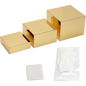 3Pcs Golden Acrylic Nesting Riser Stands for Display, Mirror Gold Acrylic Stereoscopic Cube Box Rack for Home Party Wedding Table Cover Centerpieces Craft Supplies, 8x8x6in, 7x7x4in, 6x6x2in