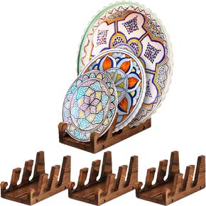 4 Pcs Plate Dinnerware Display Stand 3 Tier Plate Stand China Platters Plate Holder Setting Wooden Dish Racks for Kitchen Kitchenware Storage Cabinet Wooden Organizer