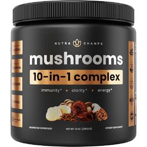 Organic Mushroom Powder - 10-in-1 Complex - Lions Mane, Reishi, Shiitake, Chaga, Turkey Tail, Cordyceps, Maitake & More - Mushroom Supplement Powder Blend for Memory, Focus & Immune Support - 8oz