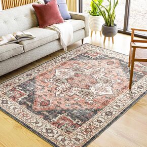 Asrug 3x5 Vintage Area Rug-Machine Washable Doormat Rug Low Pile Distressed Mat Medallion Floor Cover Carpet with Non-Slip Backing for Living Room Dinning Room Bedroom Entrance Indoor，Pink