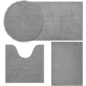 Bathroom Rugs Sets 4 Piece, Chenille Bath Rug Non-Slip Bath Mats with Soft Plush PVC Backing Water Absorbent Carpet 1'' Quick Dry Microfiber Toilet Mat, Black