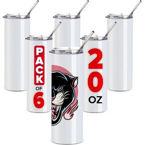 Rumbl Tumblz Pack of 6 White 20 Oz. Sublimation Tumblers | Blank Tumblers with Lid & Straws | Stainless Steel Insulated Double-Wall Straight Sublimation Cups Bulk | Individually-Boxed Skinny Tumblers