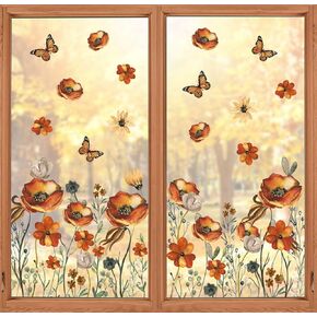 AnyDesign 90Pcs Fall Floral Window Cling Sticker Wildflower Butterfly Reusable Window Decals for Autumn Thanksgiving Harvest Home School Office Party Decor, 9 Sheets, Brown