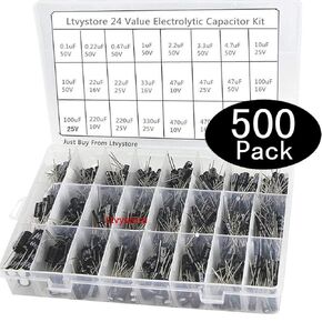 Electrolytic Capacitors Kit, Metal Capacitor Assorted Assortment Box Kit Set of 500-16V 25V 50V Capacitor, Range 0.1uF-1000uF Ltvystore