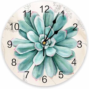 Wall Clock 10 Inch Silent Non-Ticking, Summer Turquoise Tropical Succulent Plants Round Decorative Clock for Living Room Bedroom Kitchen School Easy to Read Battery Operated Mute Clock