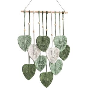 Macrame Wall Hanging Leaves, Bohemian Wall Hanging Woven Tapestry, Large Chic Woven Leaf Tassels Handmade Woven Wall Art for Bedroom Nursery Home, 15.7x31.5inch(Green)