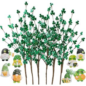 St Patrick’s Day Decorations 6 Pcs 24'' Tall Artificial Shamrock Berry Stems Picks Green Clover Floral Branches Centerpiece for Home Party Table Decor