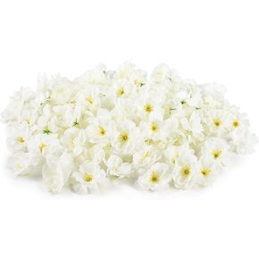 Artificial Cherry Blossom Flower Heads, Fake Silk Sakura Floral Heads for Bridal Hair Clips Headbands Dress DIY Accessories Wedding Party Supply Table Decorative (100pcs White)