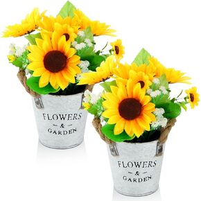 2 Pcs Artificial Sunflowers in Pot Rustic Sunflower Centerpieces for Table Fake Sunflowers Potted Plants Summer Floral Arrangements with Vase for Farmhouse Home Outdoor Kitchen Table Decor