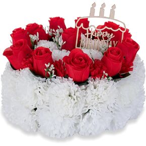 Silk Memorial Cake for Cemetery: Handcrafted Fake Birthday Cake for Honoring Loved Ones Grave Site Decorations - Artificial Red Rose Floral Arrangement for Remembrance