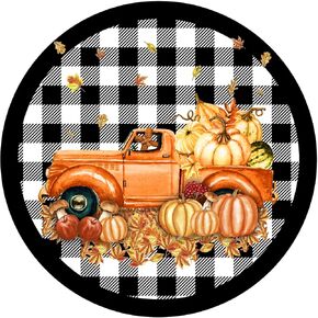 Retro Round Sign Orange Truck with Pumpkins Fall Wreath Warn Novelty Man Cave Bar Pub Parlor Restaurant Bedroom Cafe Store Club Garage Rules Posters Plaque Mural Wall Decor 12 X12 in