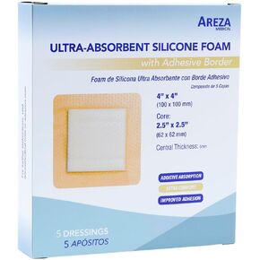 Areza Medical - Ultra-Absorbent Silicone Foam Wound Dressing - Waterproof - with Adhesive Border - sterile - 4" X 4" (10 cm X 10 cm) - 5 PCS per box
