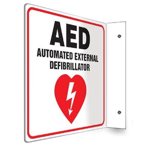 Accuform "AED Automated External Difibrillator" 90D Projection Sign, 8" x 8" High-Impact Plastic, Red/Black on White, PSP721