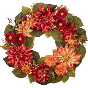 20" Artificial Fall Wreath for Front Door Autumn Flower Wreath with Burgundy Dahlia and Mums Fall Decorations for Home Halloween Farmhouse Wall Mantel Decor
