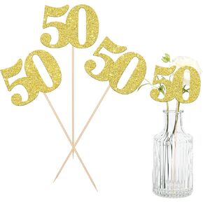 12 PCS Glitter 50th Birthday Centerpiece Sticks Number 50 Cake Toppers Fifty Table Flower Topper Decorations for 50th Birthday Anniversary Party Centerpiece Supplies Gold