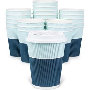 Disposable Coffee Cups With Lids - 12 oz To Go Coffee Cups (80 Set) With Sturdy Lids Prevent Leaks! Paper Hot Cup Holds Shape With Hot, Cold Drinks. Ripple Cups Protect Fingers from Heat!