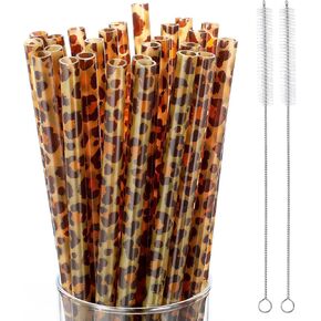 Leopard Print Plastic Straws Drinking Printed Animal Straws Safari Themed Plastic Straws and Cleaning Brush for Drinking Birthday Animal Birthday Party Favors Supplies (Classic Style, 27)