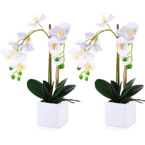 Lallisa 2 Pcs Artificial Orchid Flowers with Vase Fake Orchid Plant in Pot White Fake Orquideas Flowers 17 Inch Faux Phalaenopsis Orchids for Table Centerpiece Indoor Room Wedding Decor