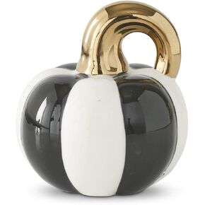 K&K Interiors 3.25 Inch Striped Ceramic Pumpkin w/Gold Stem, Black and White