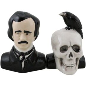 Ebros Gift Gothic Poet Edgar Allen Poe With Black Raven Crow On Skull Decorative Ceramic Salt And Pepper Shakers Figurines Quoth The Raven Nevermore Macabre