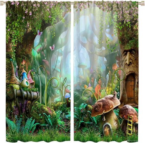 kkh الكرتون حكاية خرافية الغابات تعتيم الستائر لديكور المنزل، الخيال الربيع الفطر قضيب جيب الحرارية معزولة الستائر سواد نافذة لوحات الستار لغرفة المعيشة غرفة نوم ديكور 42 × 63 بوصة in Kuwait
