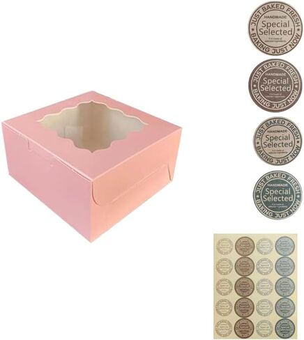 100Pcs (4x4x2.5 in) Mini Cake Boxes+5 stickers with Display Window for Gift Giving, Bakesale, Cupcakes, Dessert, Cookies, Pie, Macaroons, Donuts, Pastry, Kraft Paper Material (100Pcs Pink) in Saudi Arabia