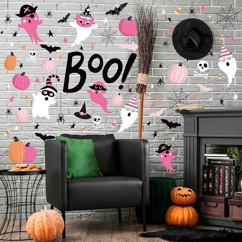 242Pcs Halloween Boo Wall Stickers Ghost Pumpkin Bat Wall Decals Room Mural Stickers for Home Party Favor Supplies, 7.9 x 11.8 Inch, 9 Sheets in Saudi Arabia