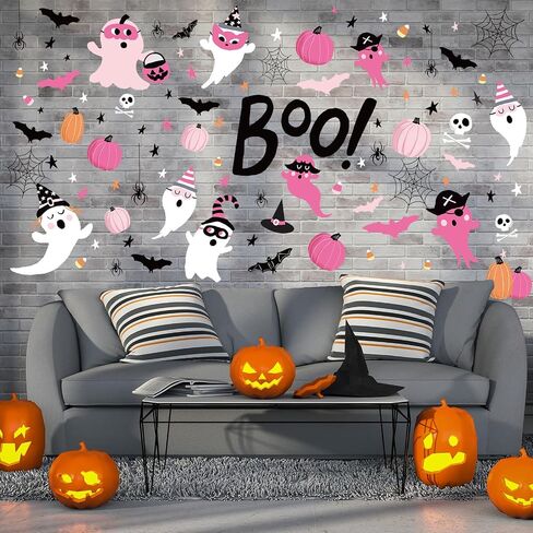 242Pcs Halloween Boo Wall Stickers Ghost Pumpkin Bat Wall Decals Room Mural Stickers for Home Party Favor Supplies, 7.9 x 11.8 Inch, 9 Sheets in Saudi Arabia