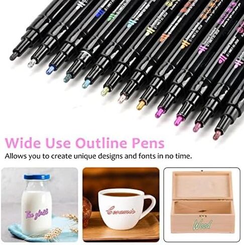 Double Line Outline Pens, 12 Colors Shimmer Outline Markers, Self-Outline Metallic Markers for Drawing, Greeting Card, Birthday Greeting, Christmas Greeting, DIY Art Crafts in Kuwait