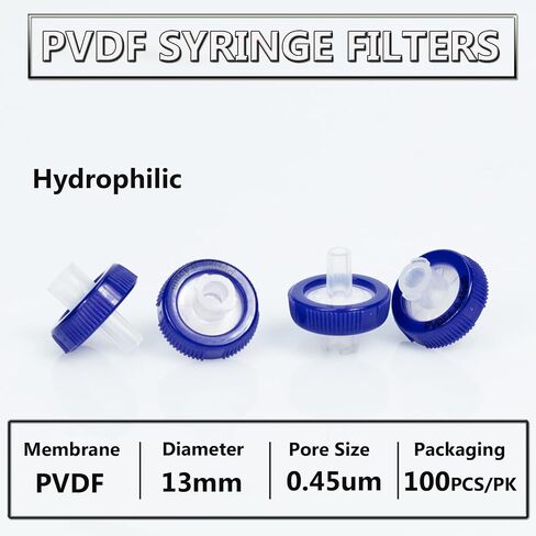 Syringe Filters PVDF Hydrophilic Filtration 0.45um 13mm Membrane Diameter Lab PVDF Membrane Disc Non-Sterile by Labfil, Pack of 100 in Kuwait