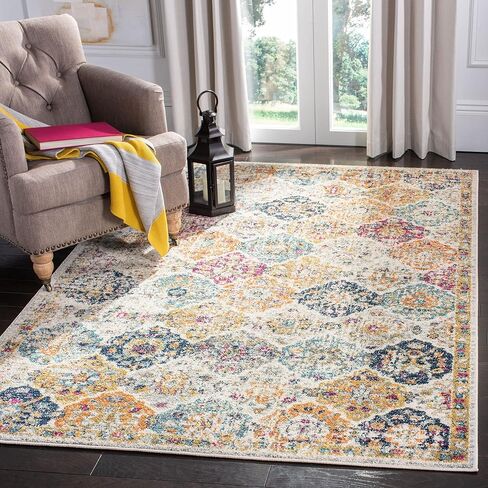 SAFAVIEH Madison Collection Area Rug - 3' Square, Cream & Multi, Boho Chic Distressed Design, Non-Shedding & Easy Care, Ideal for High Traffic Areas in Living Room, Bedroom (MAD611B) in Saudi Arabia