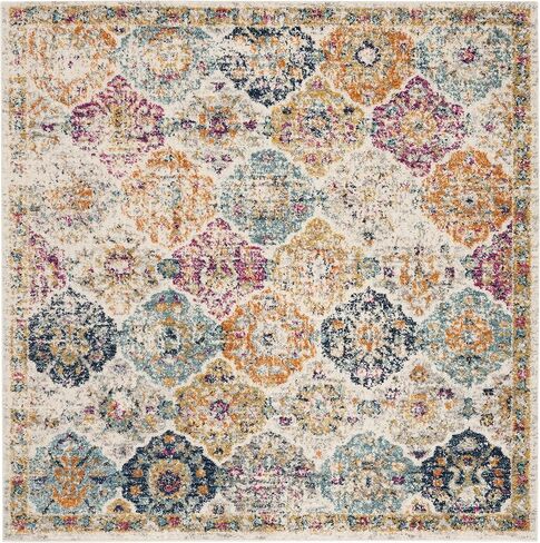SAFAVIEH Madison Collection Area Rug - 3' Square, Cream & Multi, Boho Chic Distressed Design, Non-Shedding & Easy Care, Ideal for High Traffic Areas in Living Room, Bedroom (MAD611B) in Saudi Arabia