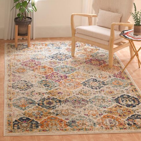 SAFAVIEH Madison Collection Area Rug - 3' Square, Cream & Multi, Boho Chic Distressed Design, Non-Shedding & Easy Care, Ideal for High Traffic Areas in Living Room, Bedroom (MAD611B) in Saudi Arabia